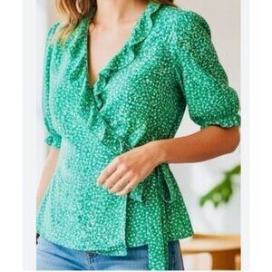 Old Navy Wrap Top L Women's Green Floral Vneck Puff Sleeve Adjustable Tie Blouse